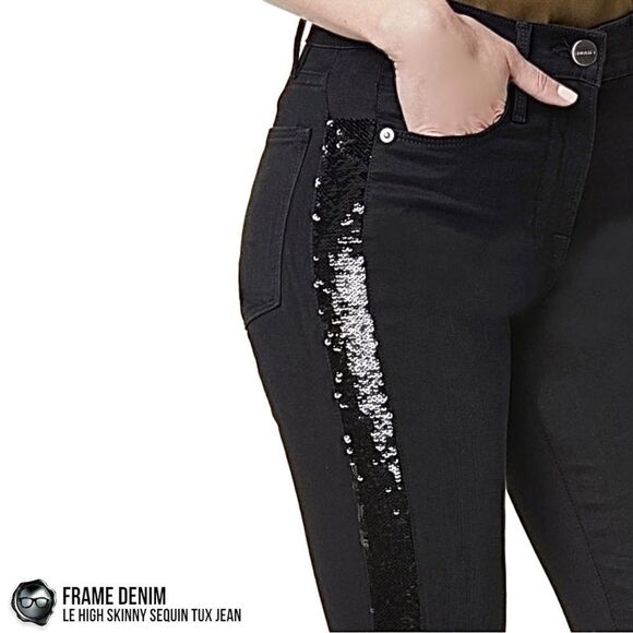 FRAME DENIM LE HIGH SKINNY SEQUIN TUX STRIPE JEAN NOIR BLACK WOMEN’S SIZE 27 NWT - Picture 1 of 16